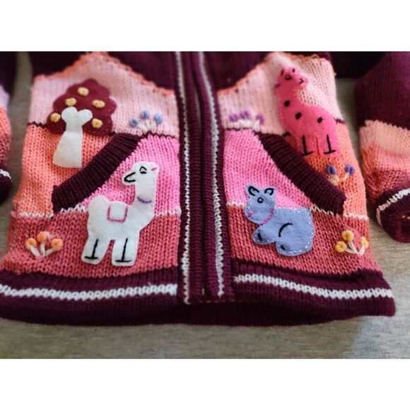 PERUVIAN HAND KNIT PATCHWORK HOODED ZIP UP PINK PURPLE SWEATER NEW - Picture 8 of 10